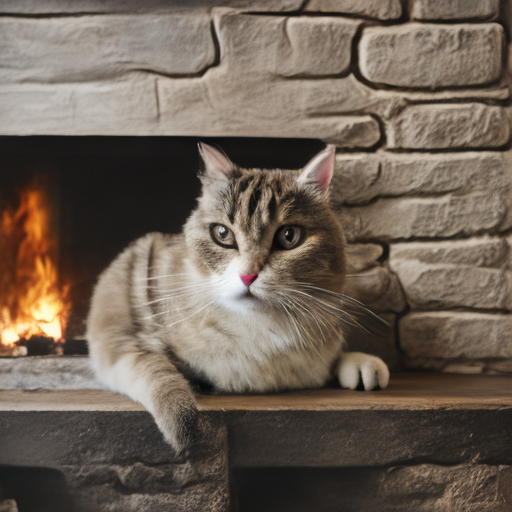 A cat by the fireplace, generated locally with stabilityai/sd-turbo